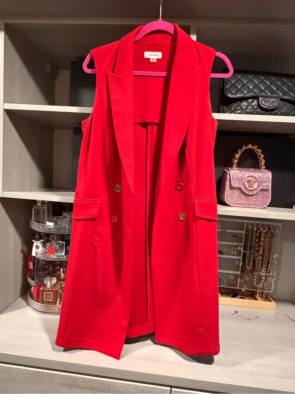 Calvin Klein Red Sleeveless Double-Breasted Long Vest with Gold Buttons